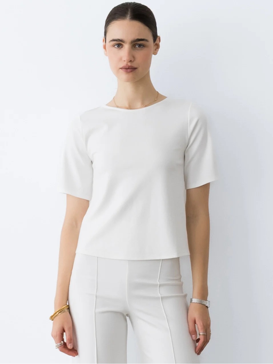 Ripley Rader Off White Extended Short Sleeve Top Boxy Size Small Ponte Knit